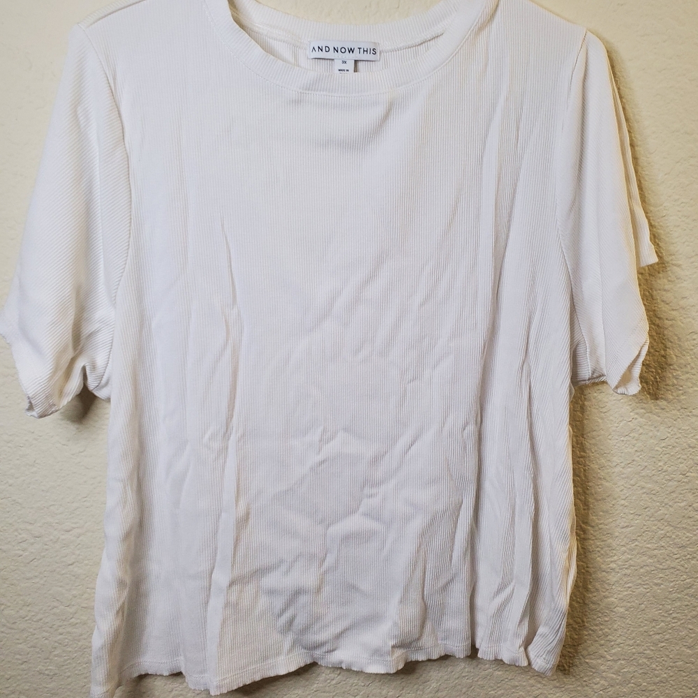 And Now this White Ribbed Stretch Plus Size Ruffle Edge Short Sleeve Casual 3XL